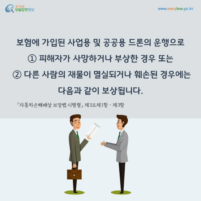 보험에 가입된 사업용 및 공공용 드론의 운행으로 ① 피해자가 사망하거나 부상한 경우 또는 ② 다른 사람의 재물이 멸실되거나 훼손된 경우에는 
다음과 같이 보상됩니다.